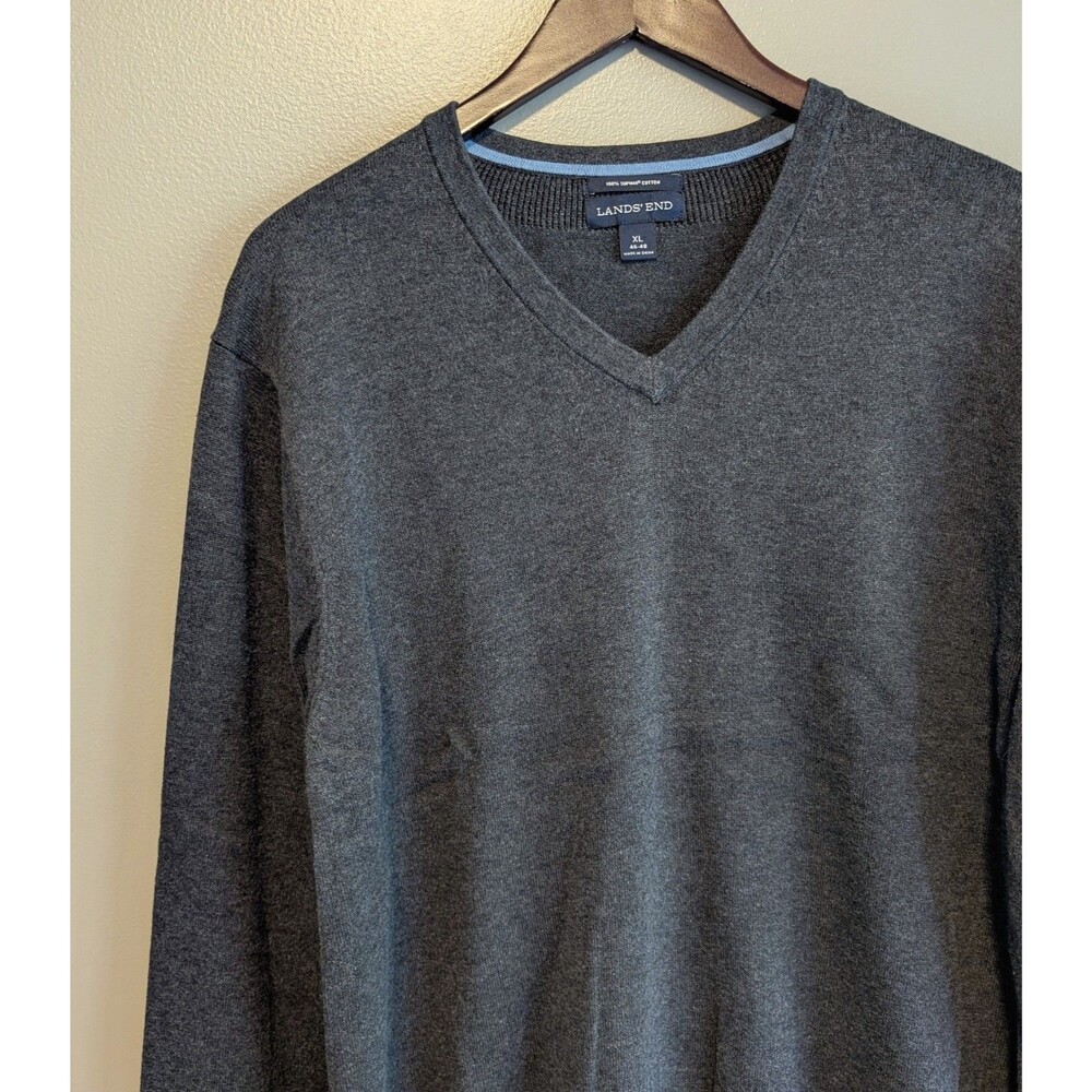Lands End Mens XL 46-48 V-Neck Sweater Charcoal Gray 100% Supima Cotton Pullover